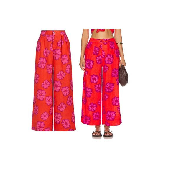 NEW RHODE CAMPBELL RED LINEN ANKLE CROP PANTS IN SCARLET BOMBAY BLOOM SIZE 6 - Picture 1 of 8